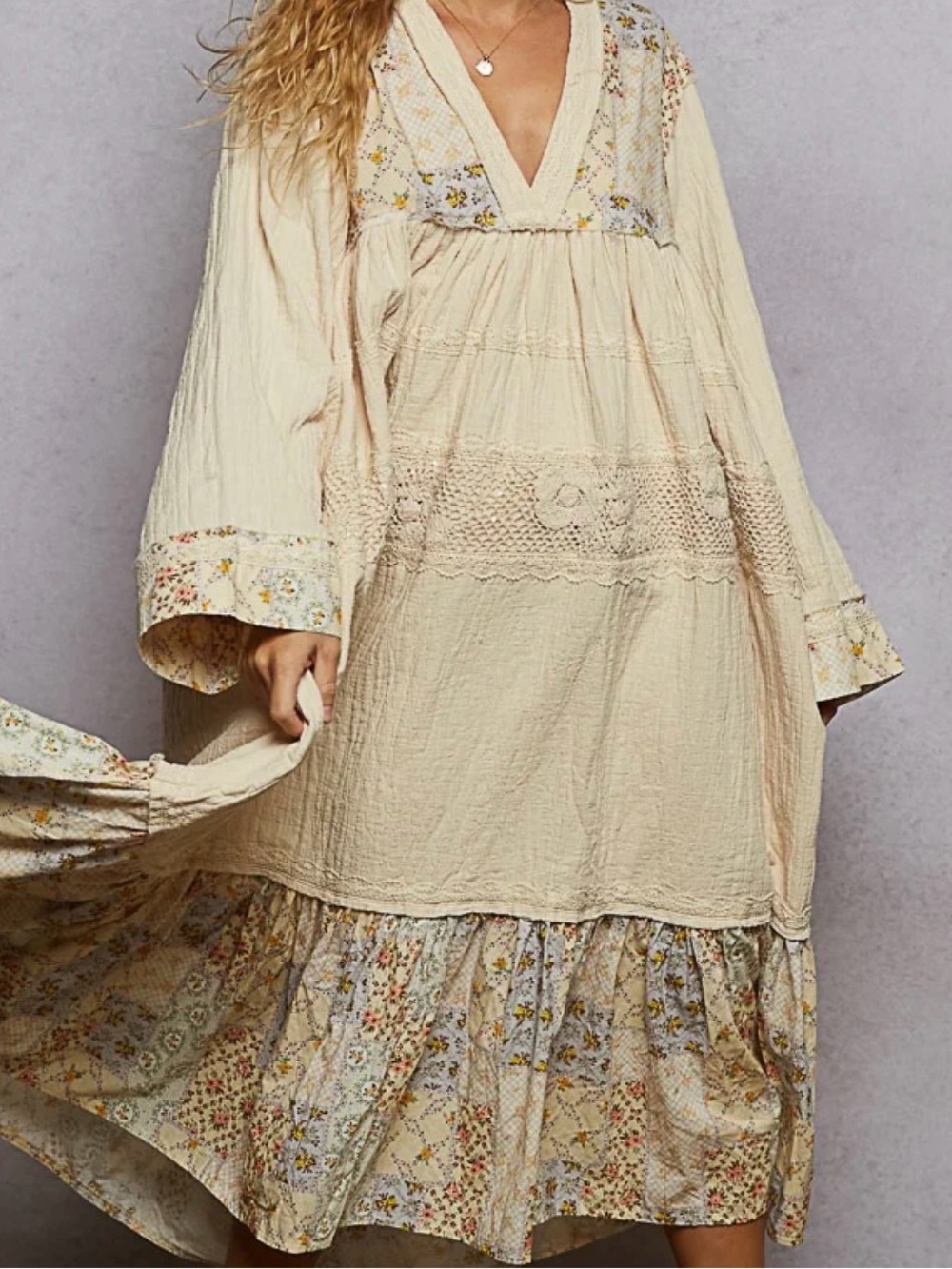 Boho Cream Floral Patchwork Dress